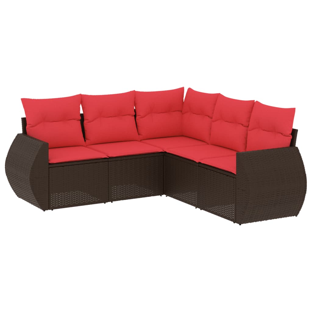 havesofasæt med 5 dele og hynder brun polyrattan