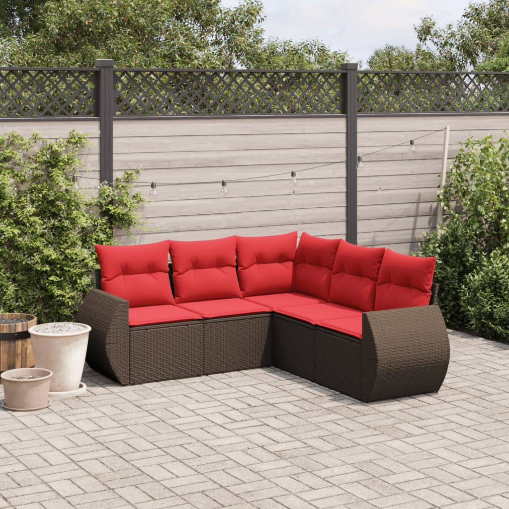 havesofasæt med 5 dele og hynder brun polyrattan