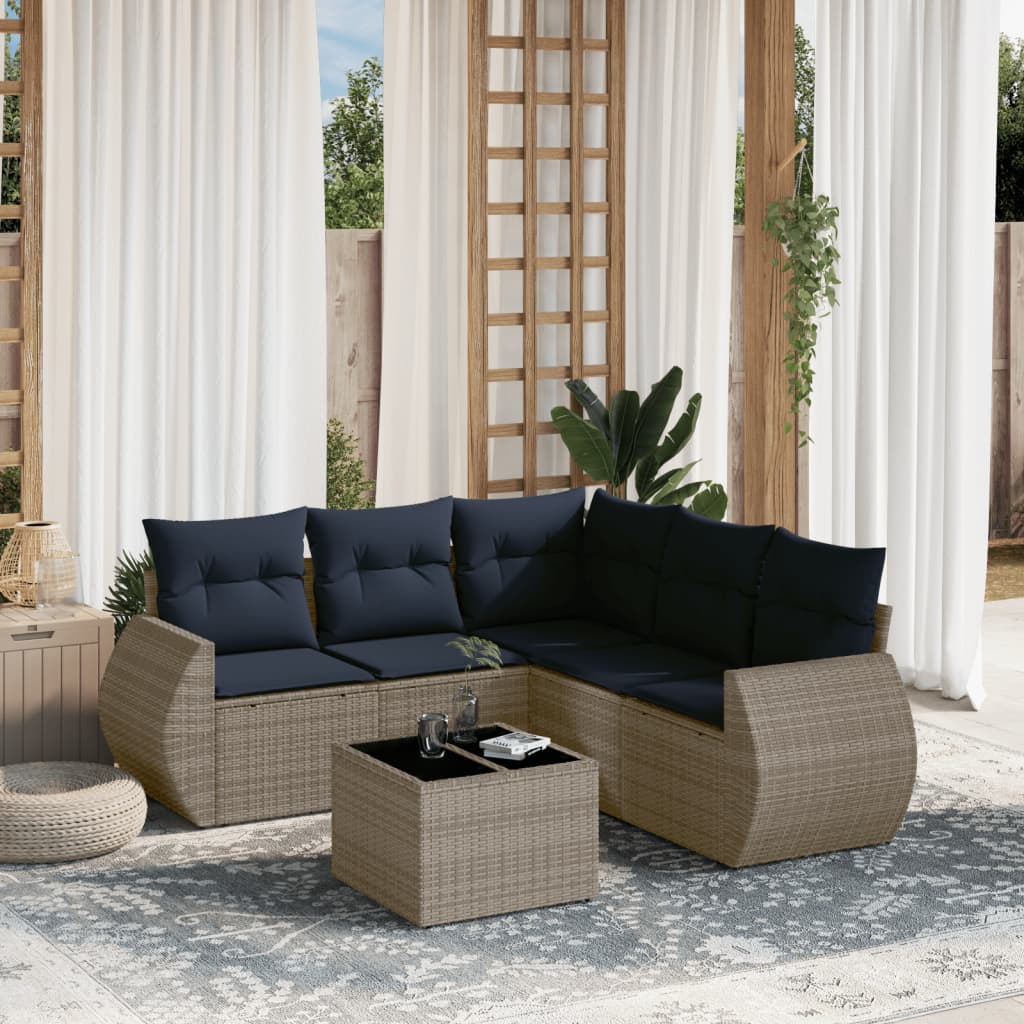 havesofasæt med 6 dele og hynder grå polyrattan