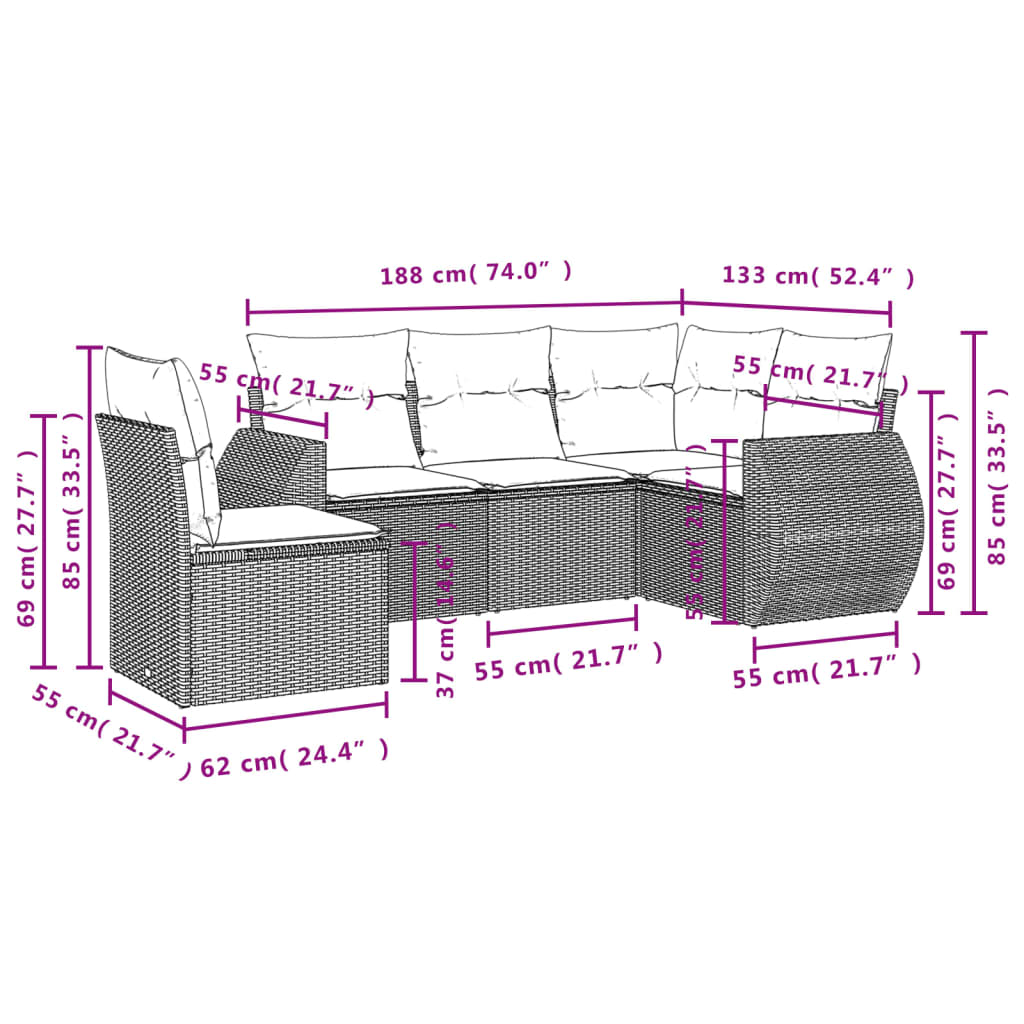 havesofasæt med 5 dele og hynder sort polyrattan