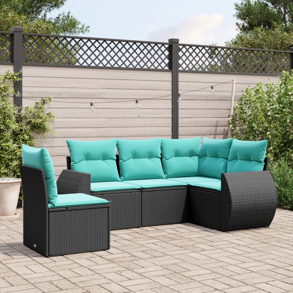 havesofasæt med 5 dele og hynder sort polyrattan