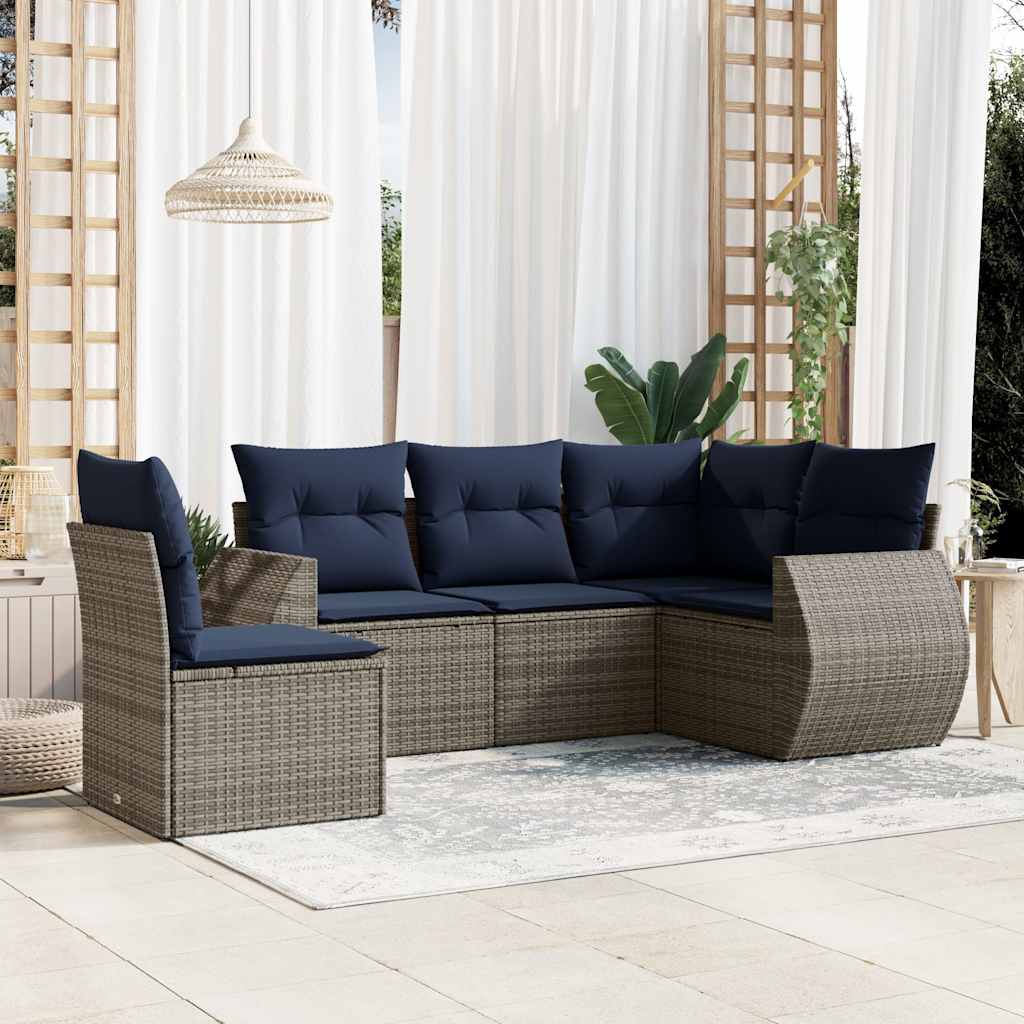 havesofasæt med 5 dele og hynder grå polyrattan