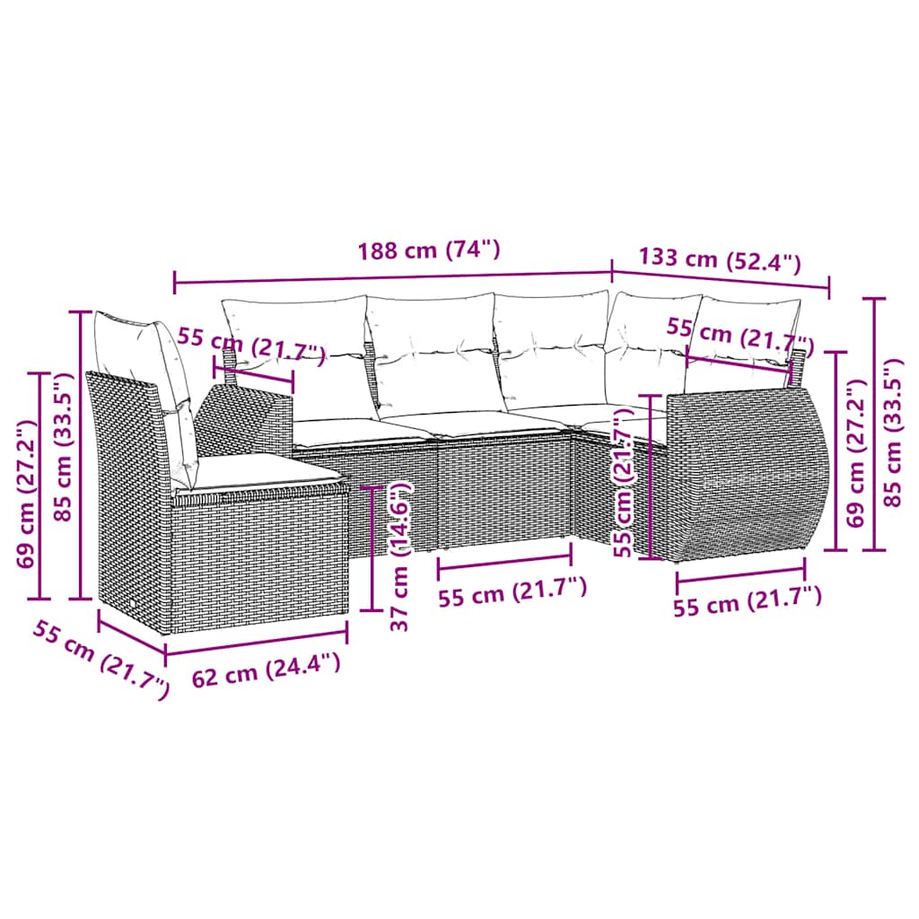 sofasæt 5 dele med hynder polyrattan lysegrå