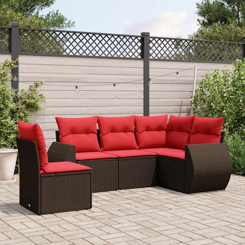 havesofasæt med 5 dele og hynder brun polyrattan