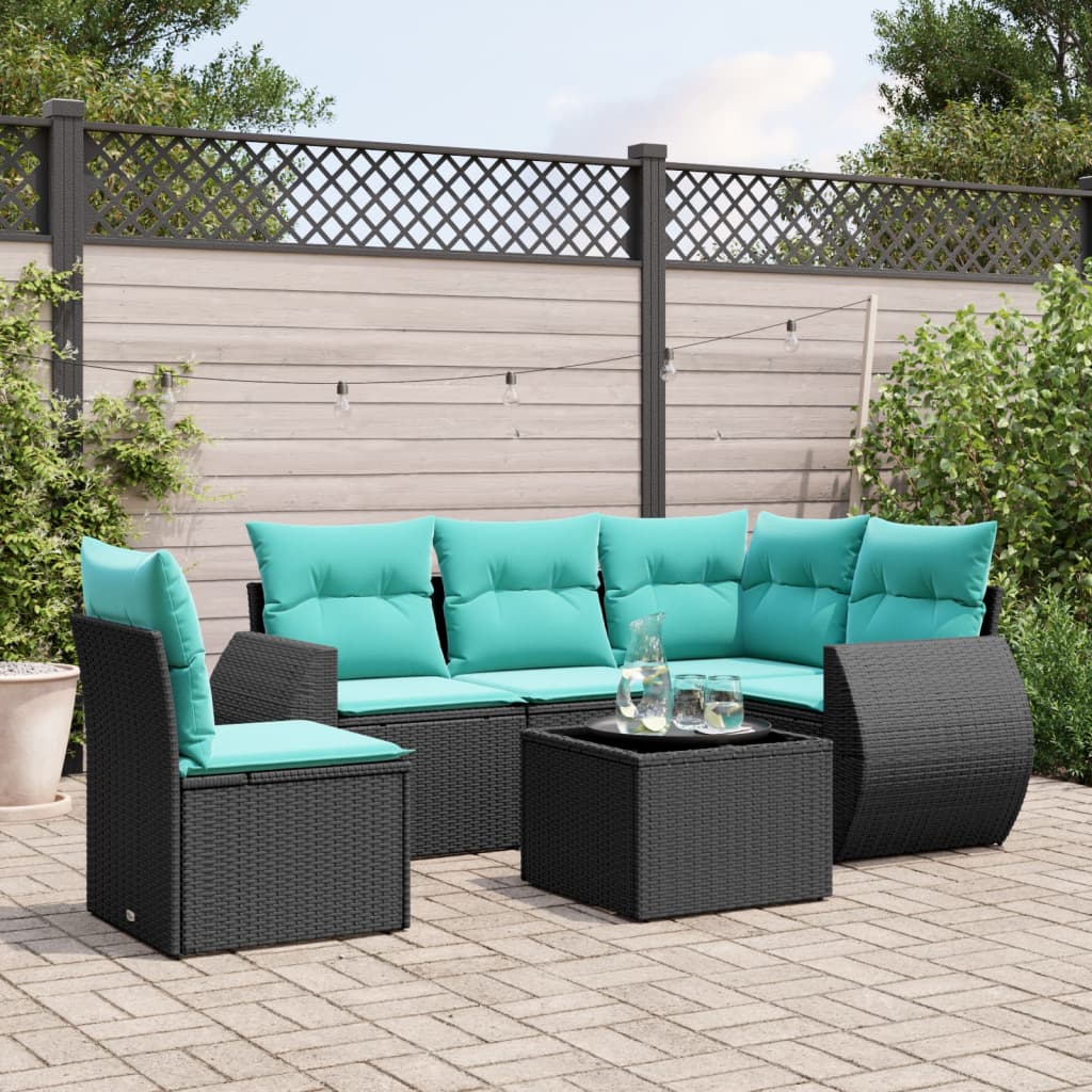 havesofasæt med 6 hynder sort polyrattan