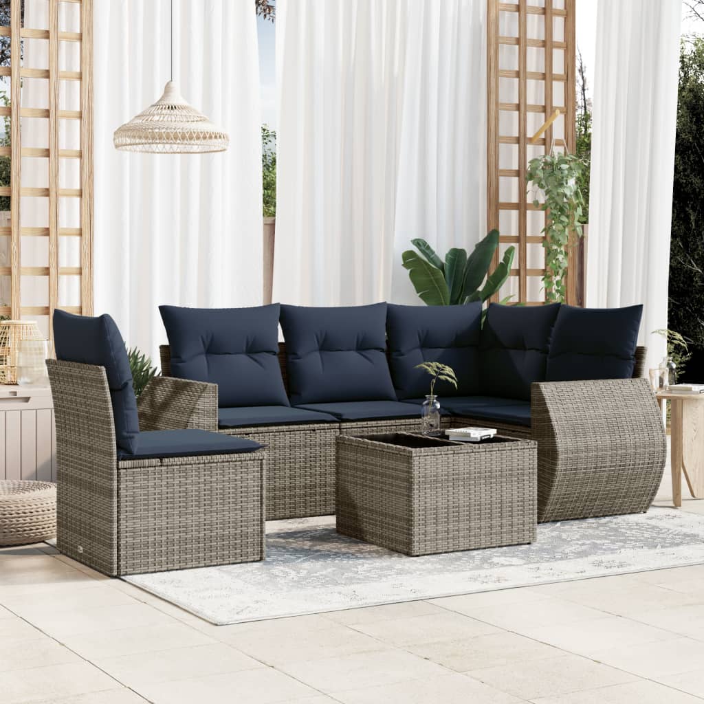 havesofasæt med 6 dele og hynder grå polyrattan