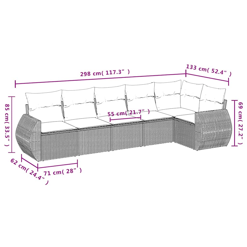 havesofasæt med 6 hynder sort polyrattan