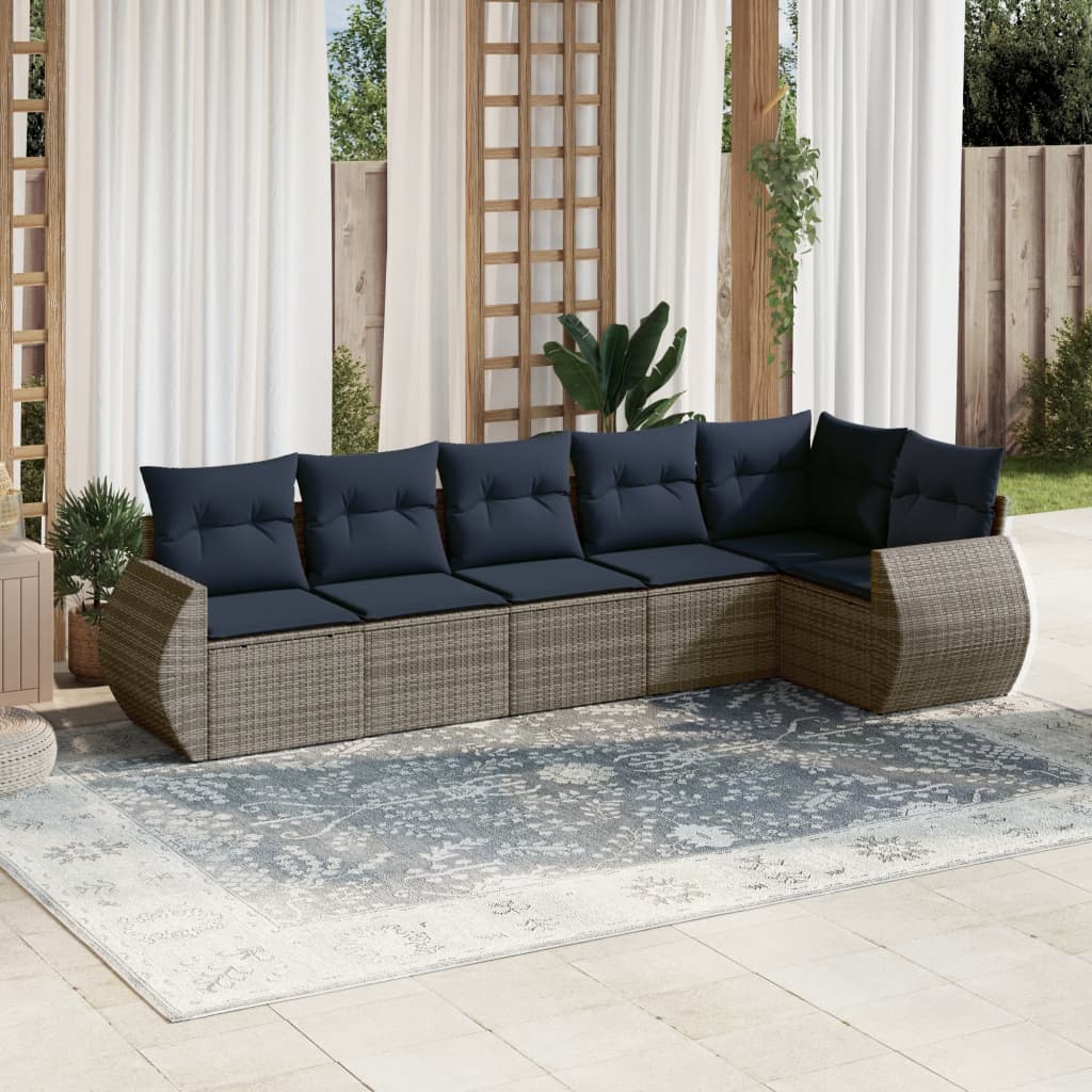 havesofasæt med 6 dele og hynder grå polyrattan