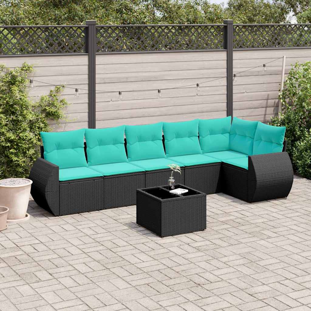 havesofasæt med 7 hynder sort polyrattan