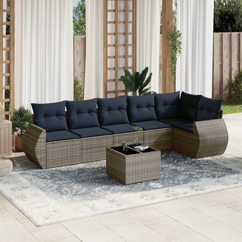 havesofasæt med 7 dele og hynder grå polyrattan