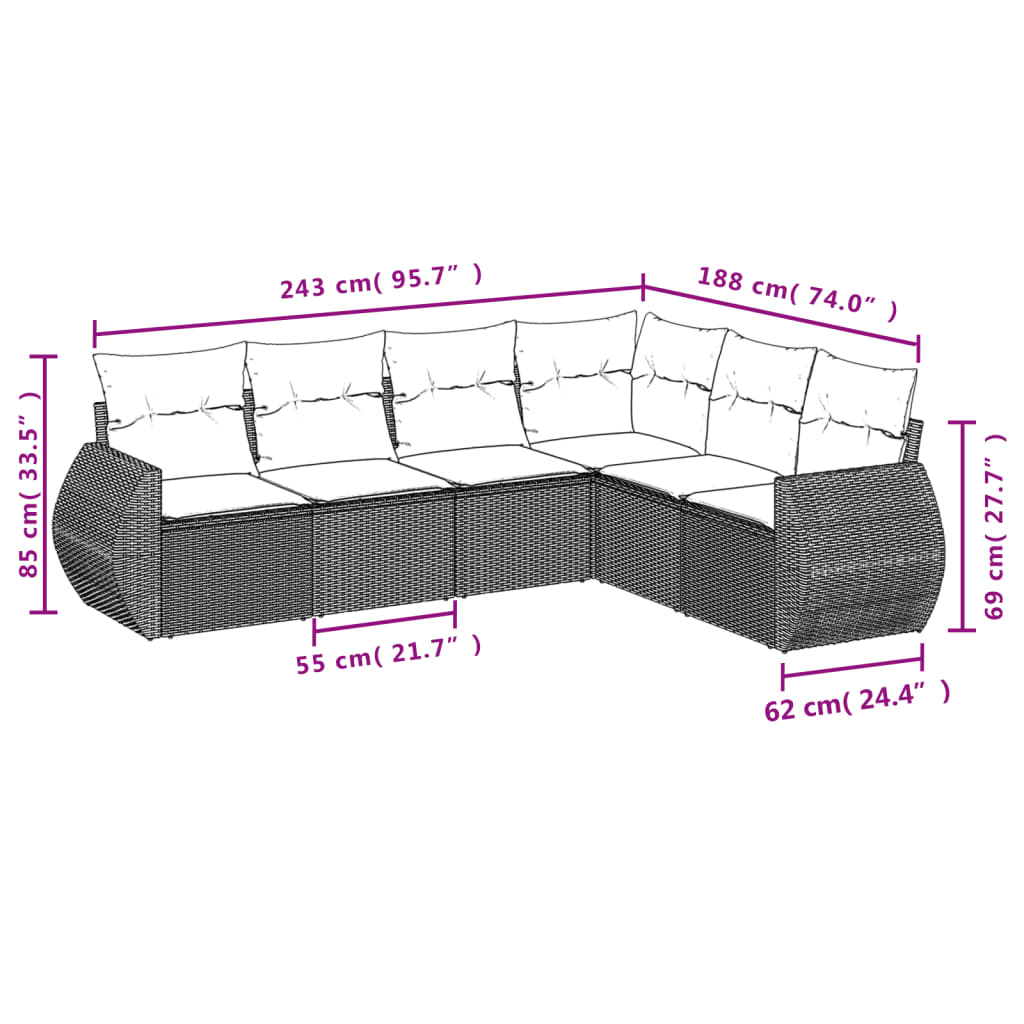 havesofasæt med 6 dele og hynder grå polyrattan