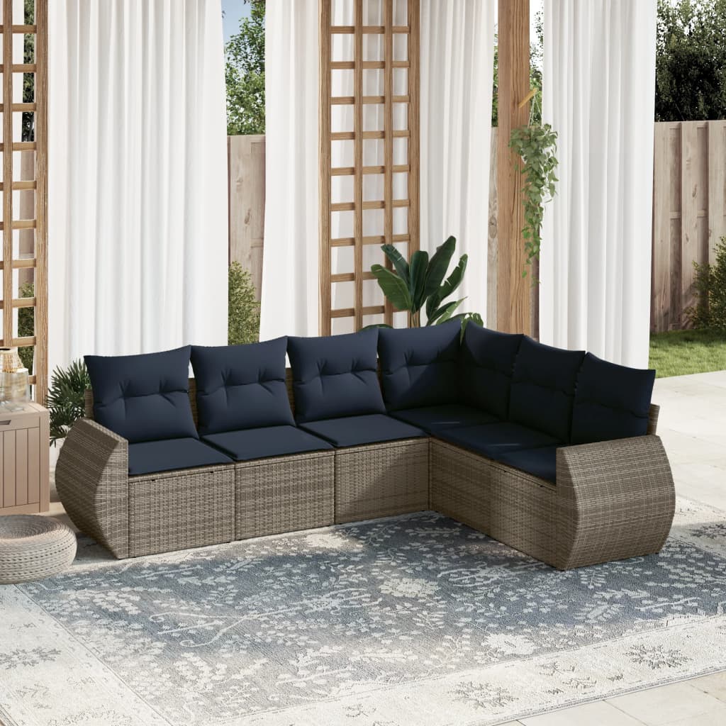 havesofasæt med 6 dele og hynder grå polyrattan