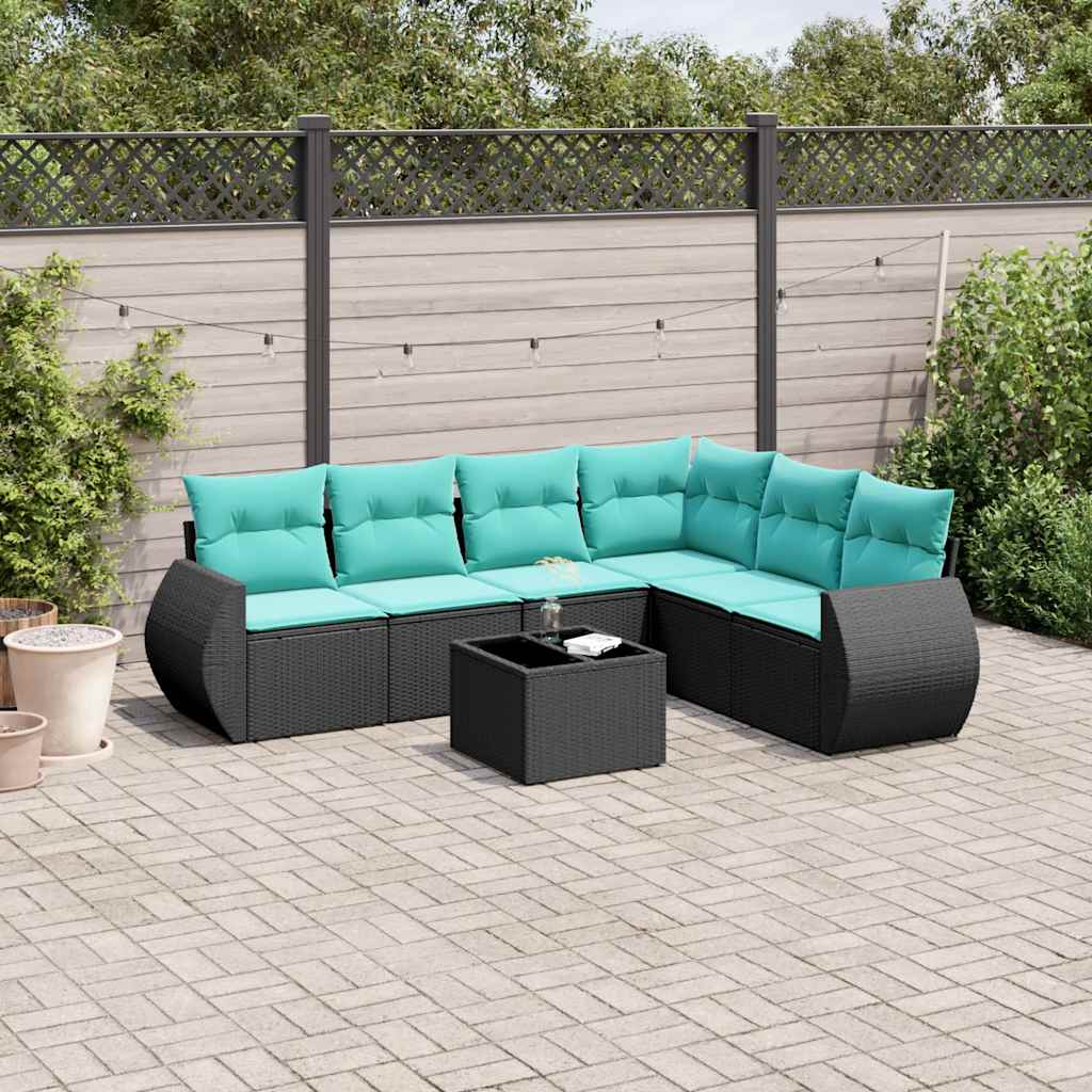 havesofasæt med 7 hynder sort polyrattan