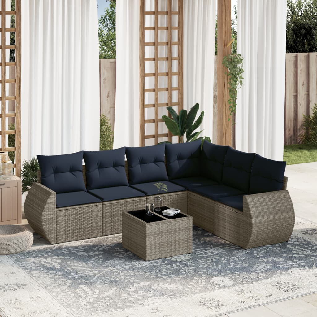 havesofasæt med 7 dele og hynder grå polyrattan