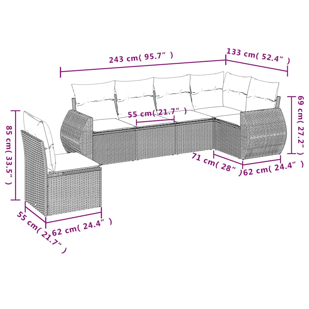 havesofasæt med 6 hynder sort polyrattan