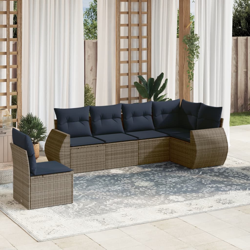 havesofasæt med 6 dele og hynder grå polyrattan