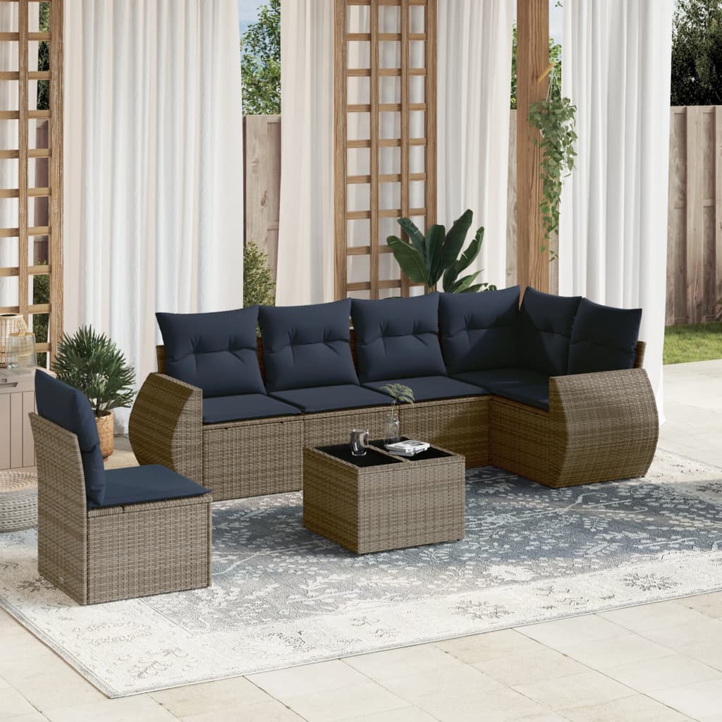 havesofasæt med 7 dele og hynder grå polyrattan