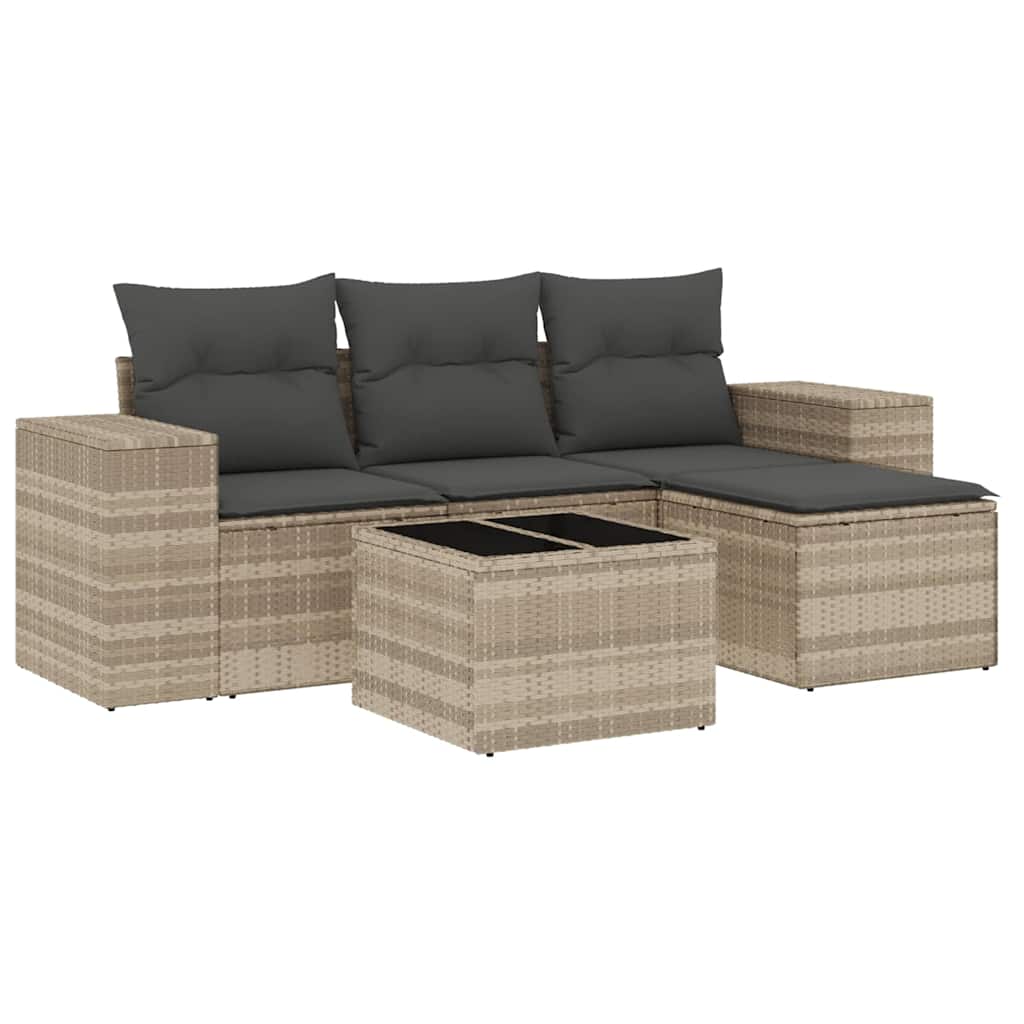 sofasæt 5 dele med hynder polyrattan lysegrå