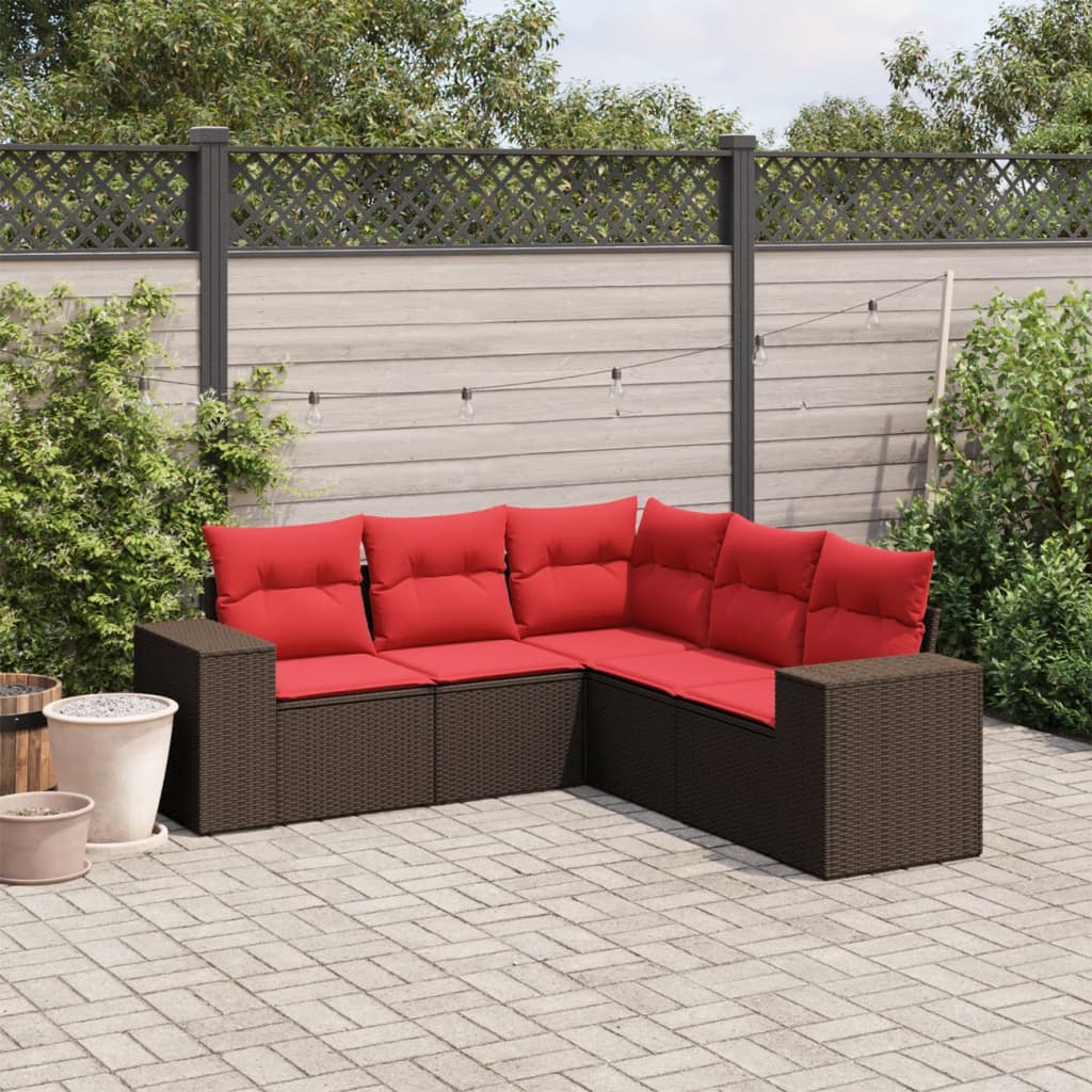 havesofasæt med 5 dele og hynder brun polyrattan