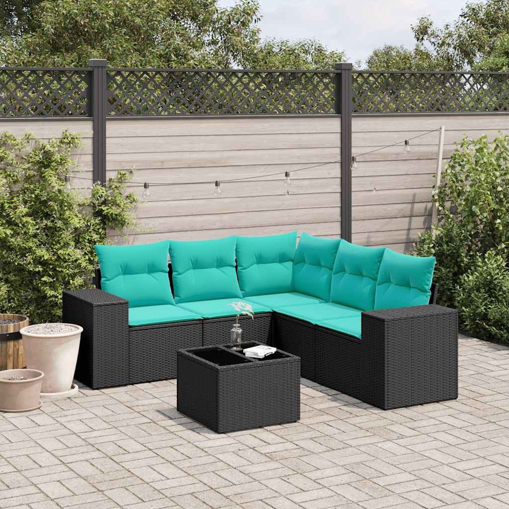 havesofasæt med 6 hynder sort polyrattan