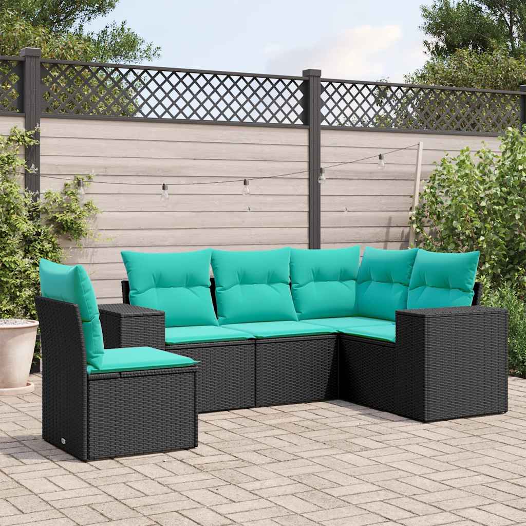 havesofasæt med 5 dele og hynder sort polyrattan