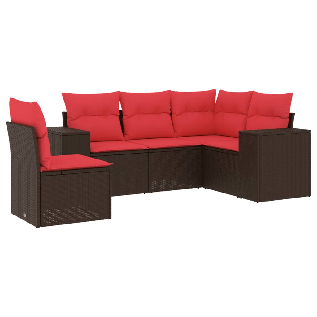 havesofasæt med 5 dele og hynder brun polyrattan
