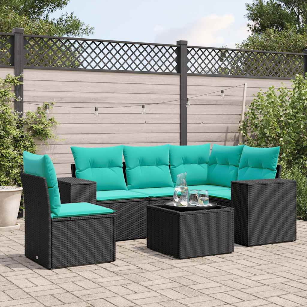 havesofasæt med 6 hynder sort polyrattan