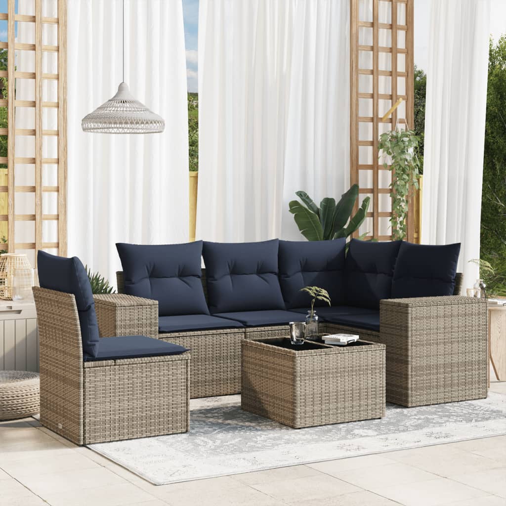 havesofasæt med 6 dele og hynder grå polyrattan