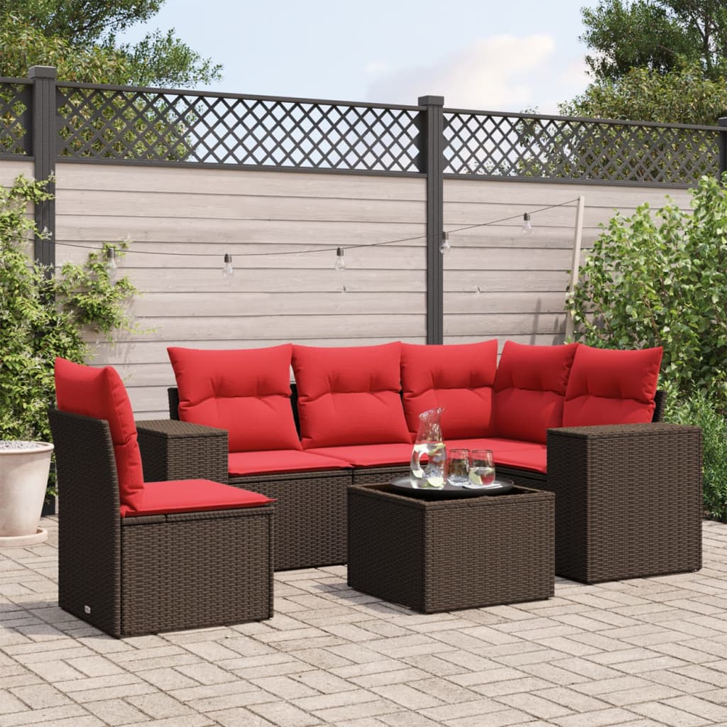 havesofasæt med 6 hynder brun polyrattan