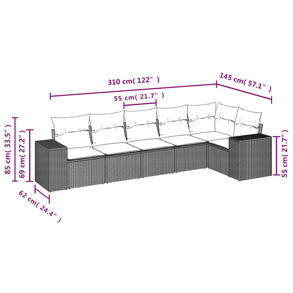 sofasæt til haven 6 dele med hynder polyrattan grå