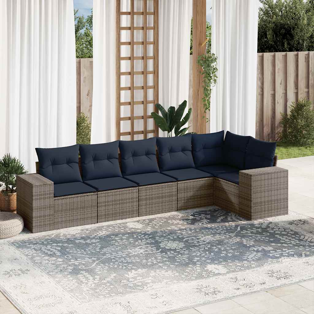 havesofasæt med 6 dele og hynder grå polyrattan