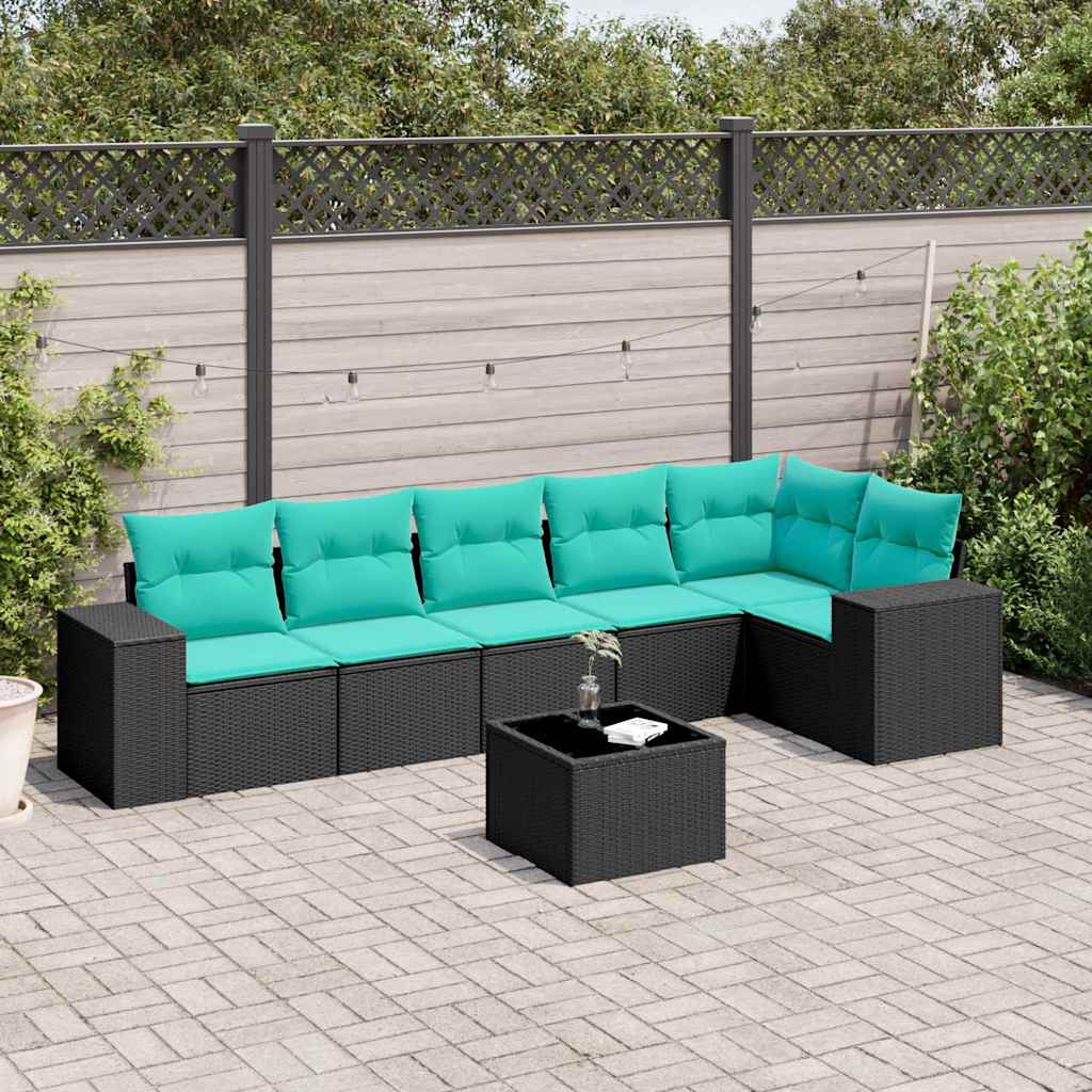 havesofasæt med 7 hynder sort polyrattan