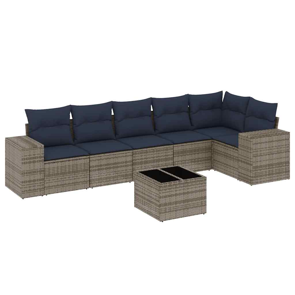 havesofasæt med 7 dele og hynder grå polyrattan