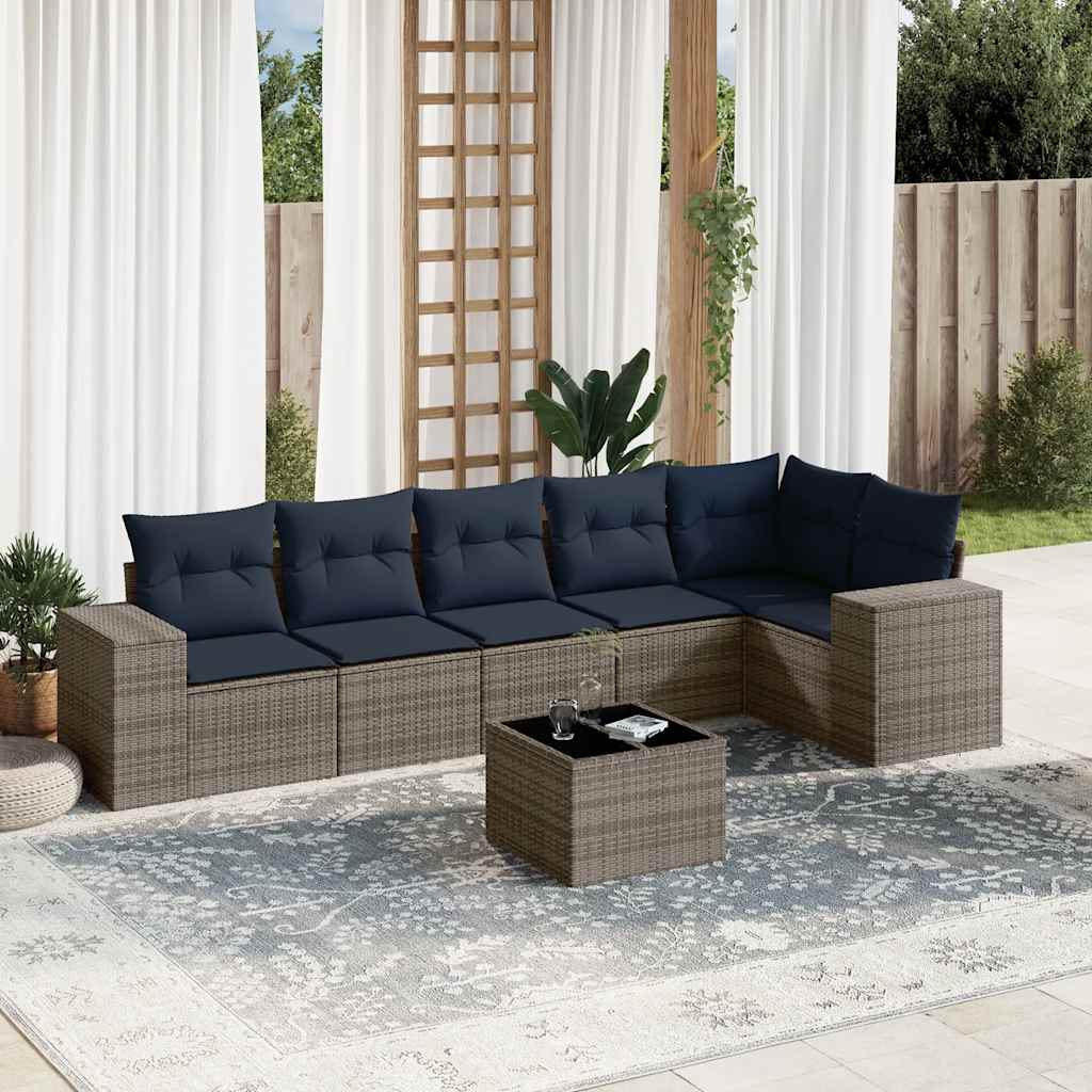 havesofasæt med 7 dele og hynder grå polyrattan