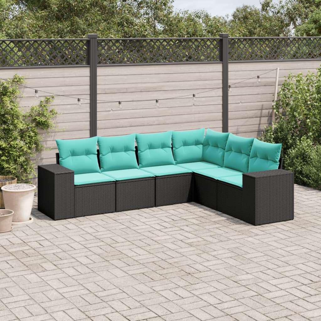 havesofasæt med 6 hynder sort polyrattan