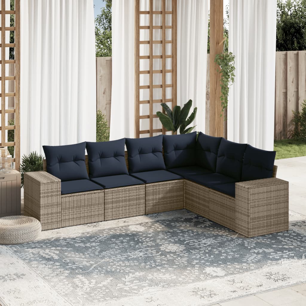 havesofasæt med 6 dele og hynder grå polyrattan