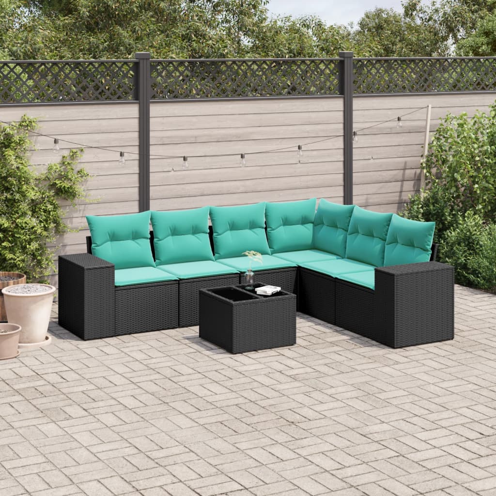 havesofasæt med 7 hynder sort polyrattan