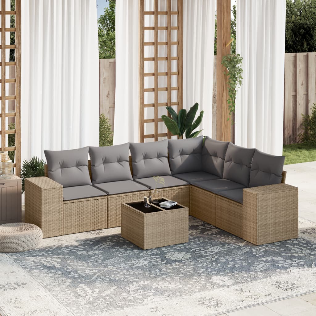 sofasæt til haven 7 dele med hynder polyrattan beige