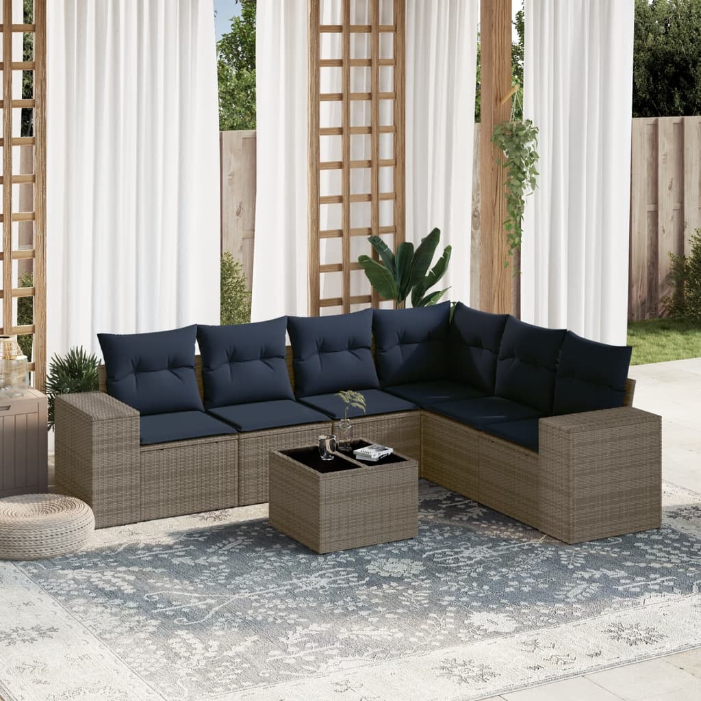 havesofasæt med 7 dele og hynder grå polyrattan