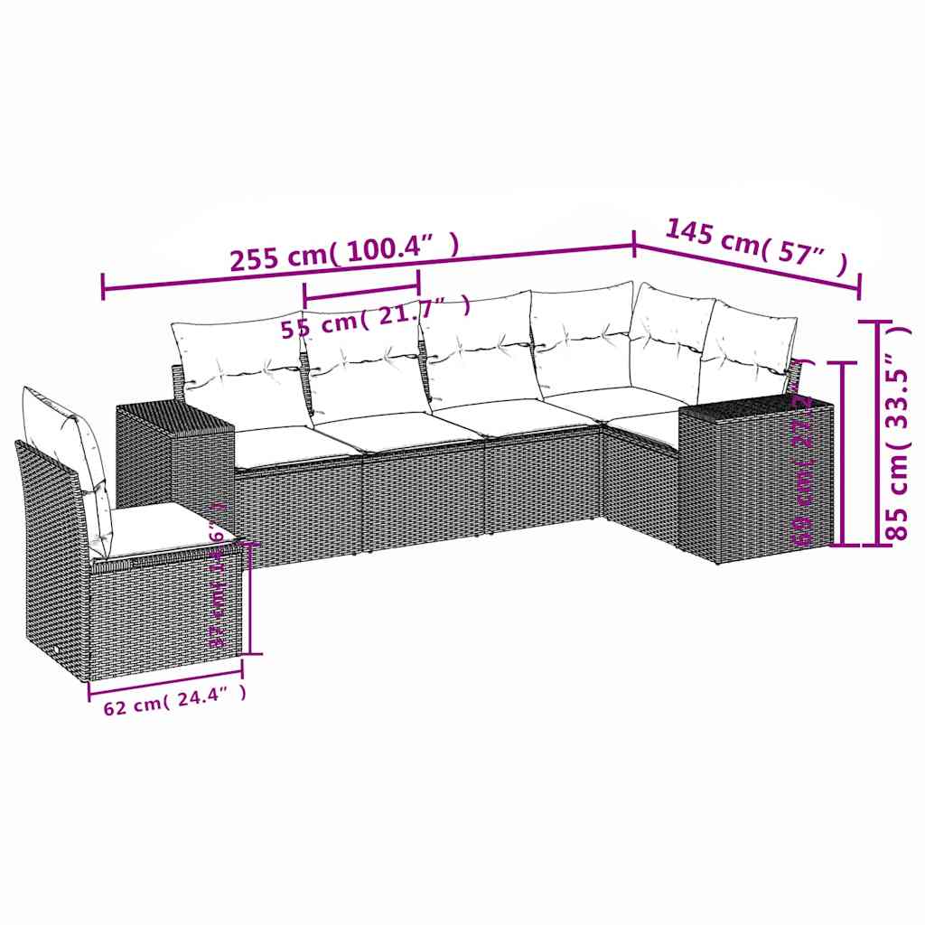sofasæt til haven 6 dele med hynder polyrattan sort