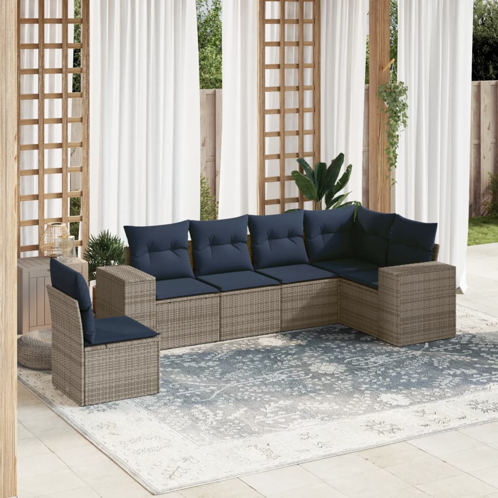 havesofasæt med 6 dele og hynder grå polyrattan