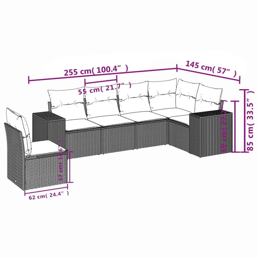 havesofasæt med 6 hynder brun polyrattan