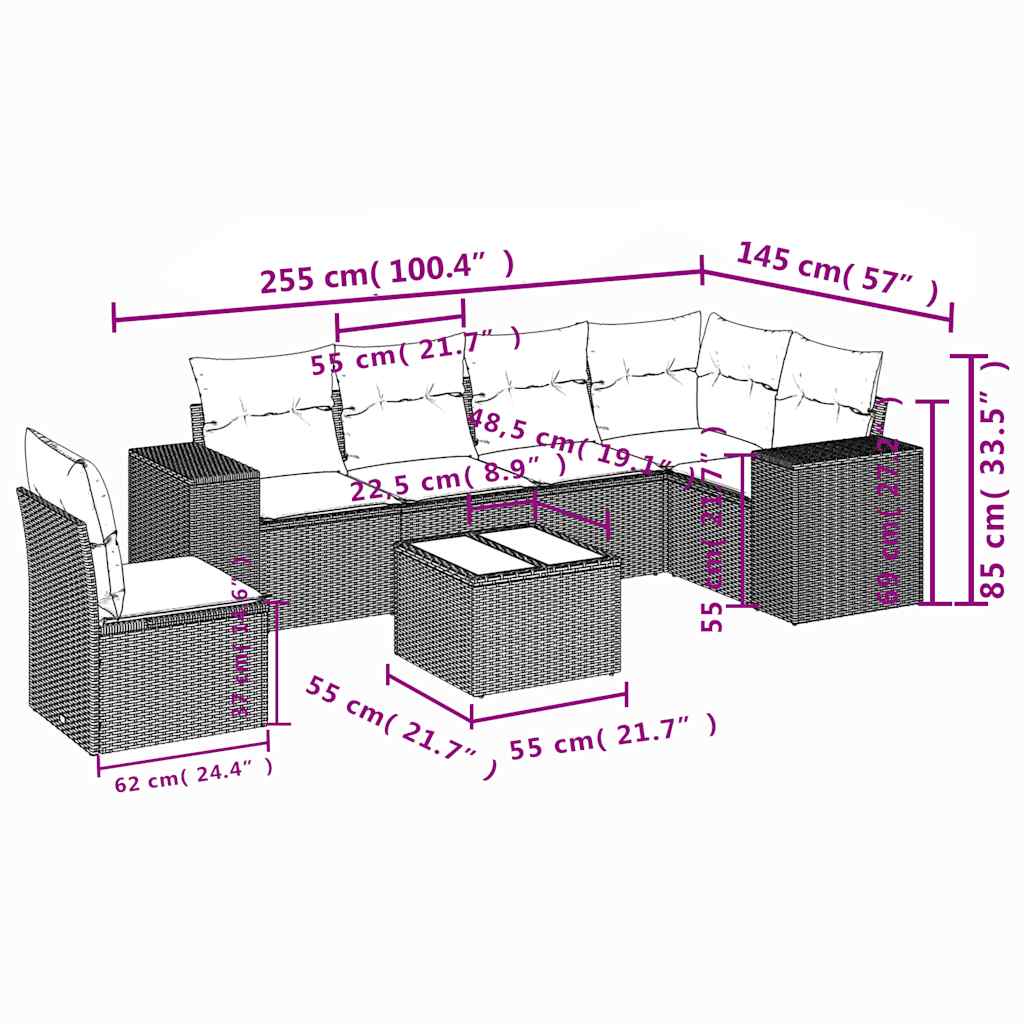 havesofasæt med 7 hynder sort polyrattan