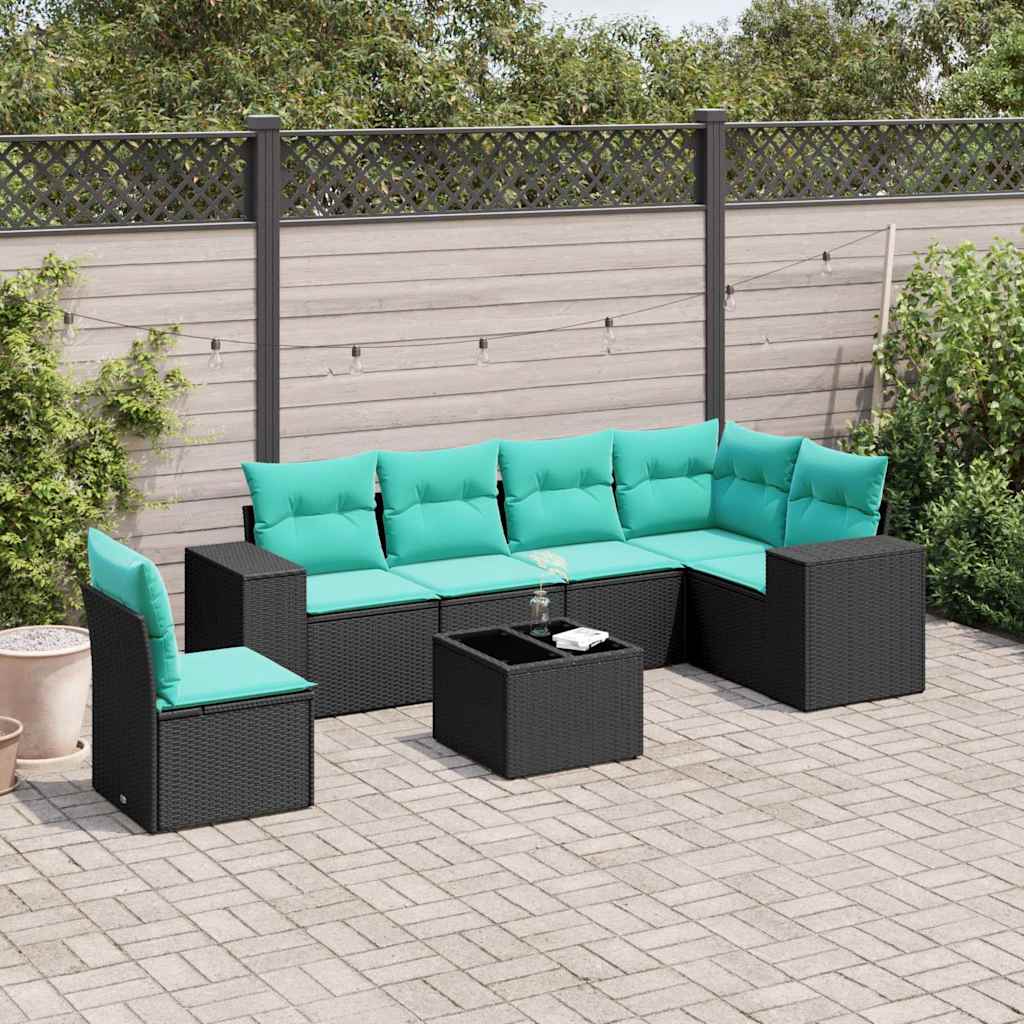 havesofasæt med 7 hynder sort polyrattan
