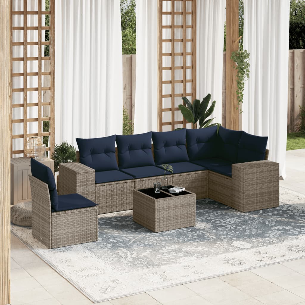 havesofasæt med 7 dele og hynder grå polyrattan