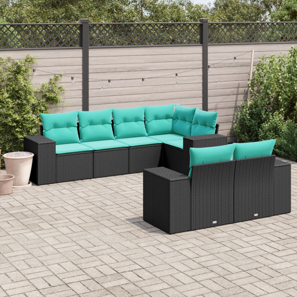 havesofasæt med 7 hynder sort polyrattan