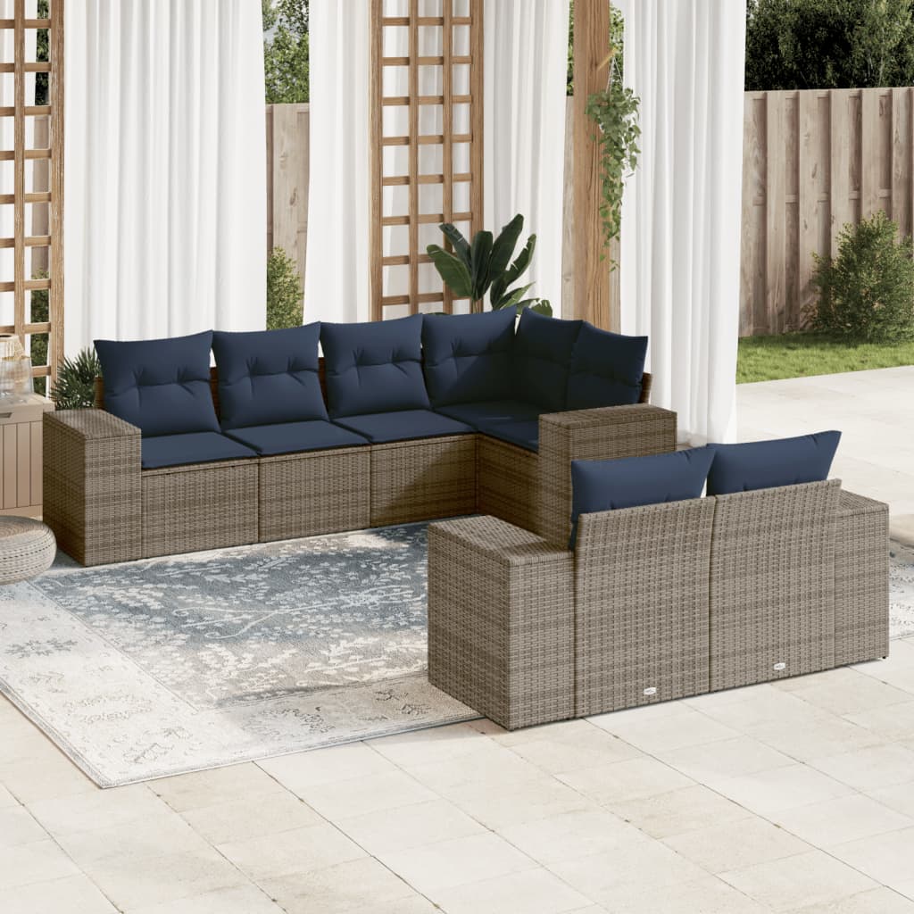 havesofasæt med 7 dele og hynder grå polyrattan