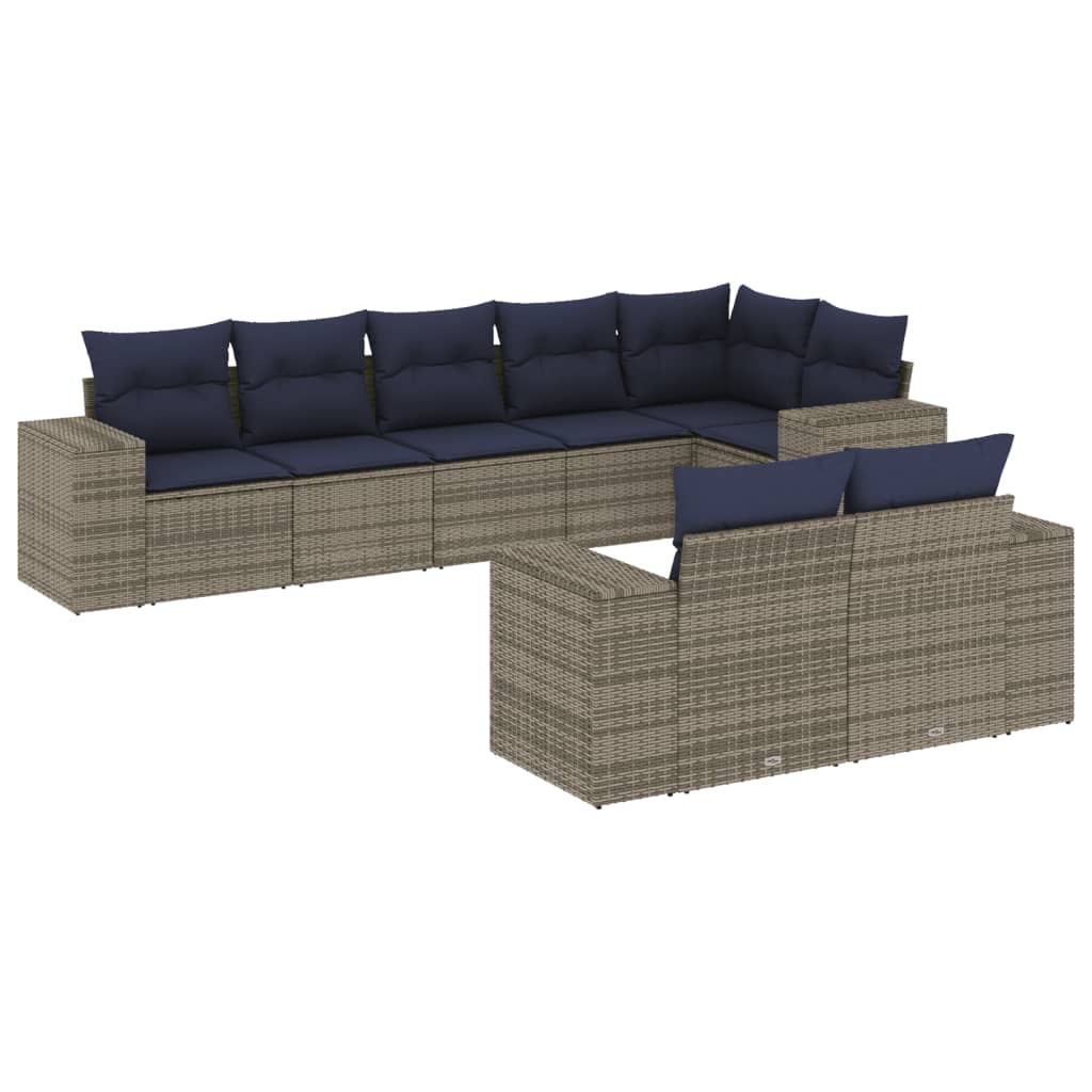 havesofasæt med 8 hynder grå polyrattan