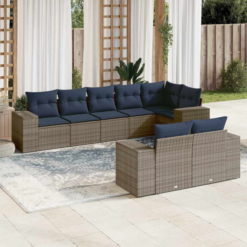 havesofasæt med 8 hynder grå polyrattan
