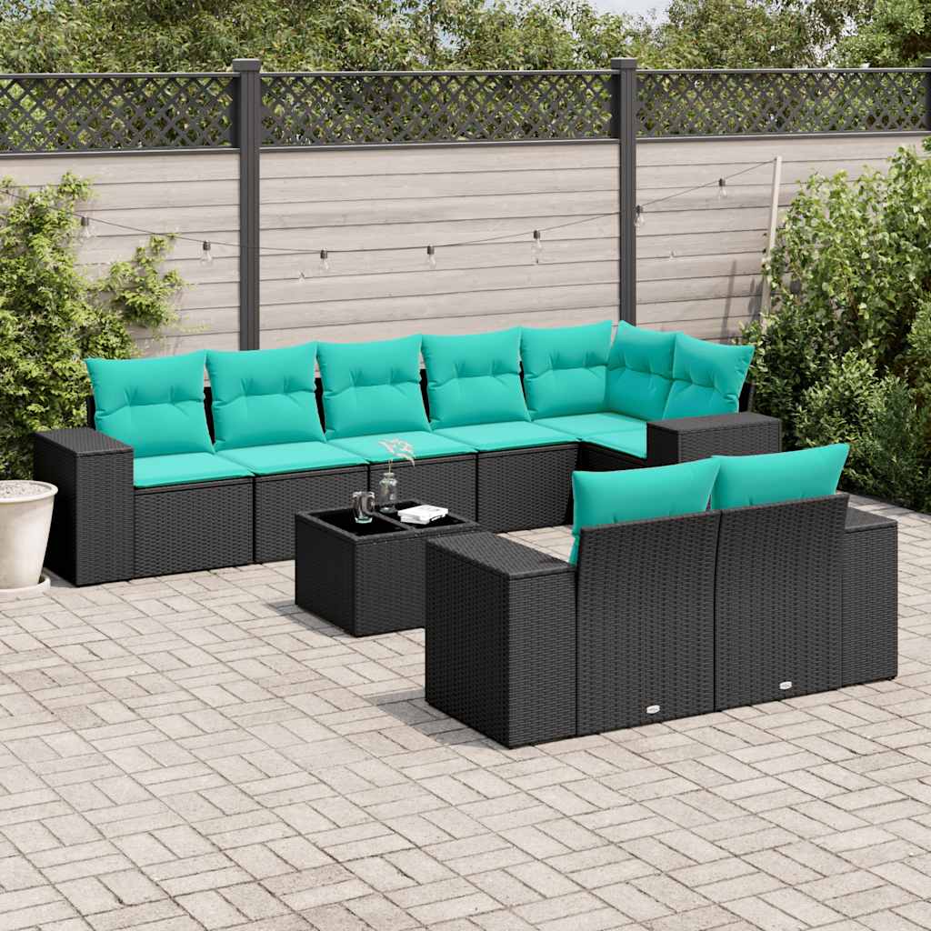 havesofasæt med 9 dele og hynder sort polyrattan